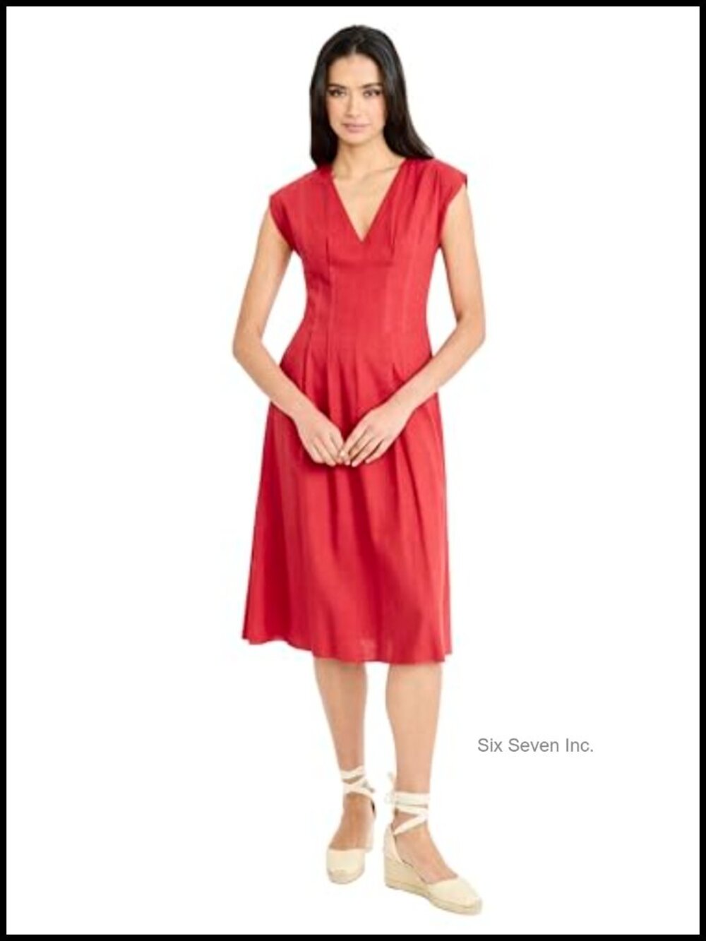 Elegant V-Neck Sleeveless Fit & Flare Midi Dress for Wedding Guest